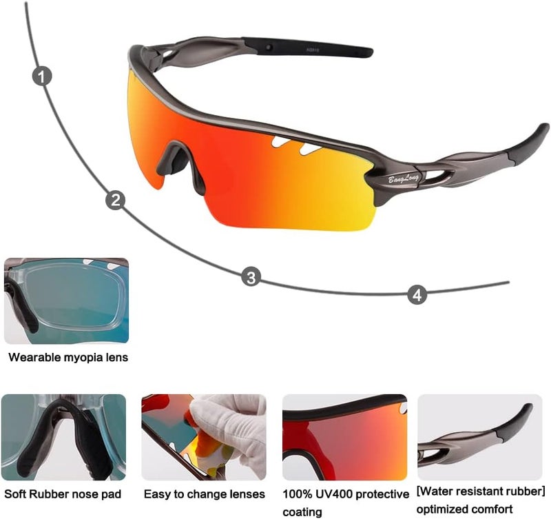 BangLong Polarized Sports Sunglasses Cycling Sun Glasses for Men Women with 5 Interchangeable Lenes for Running Baseball Golf - Image 2
